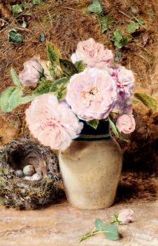 William Henry Hunt : Still Life With roses In A vase And A Birds Nest
